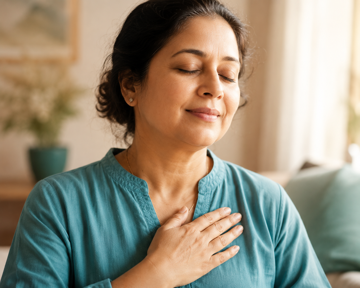 Woman practicing a calming hand-on-heart technique for perimenopause mood swings