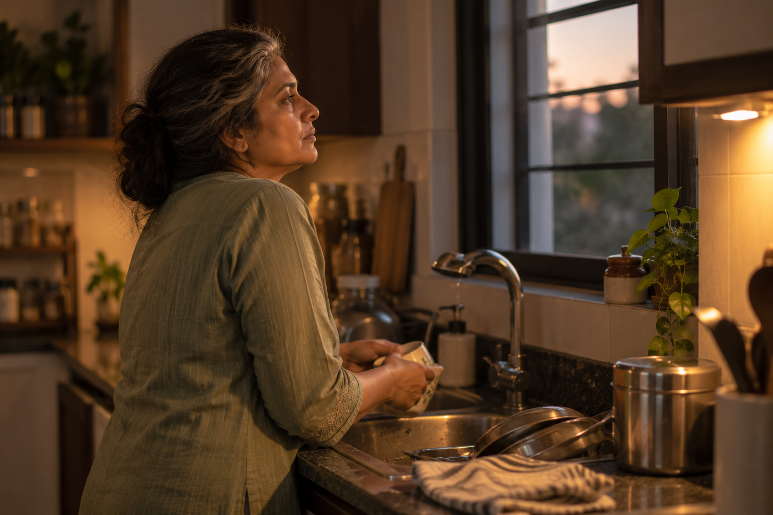 A woman standing still at her kitchen sink lost in thought, showing how old anger is held as physical tension in the shoulders and jaw.