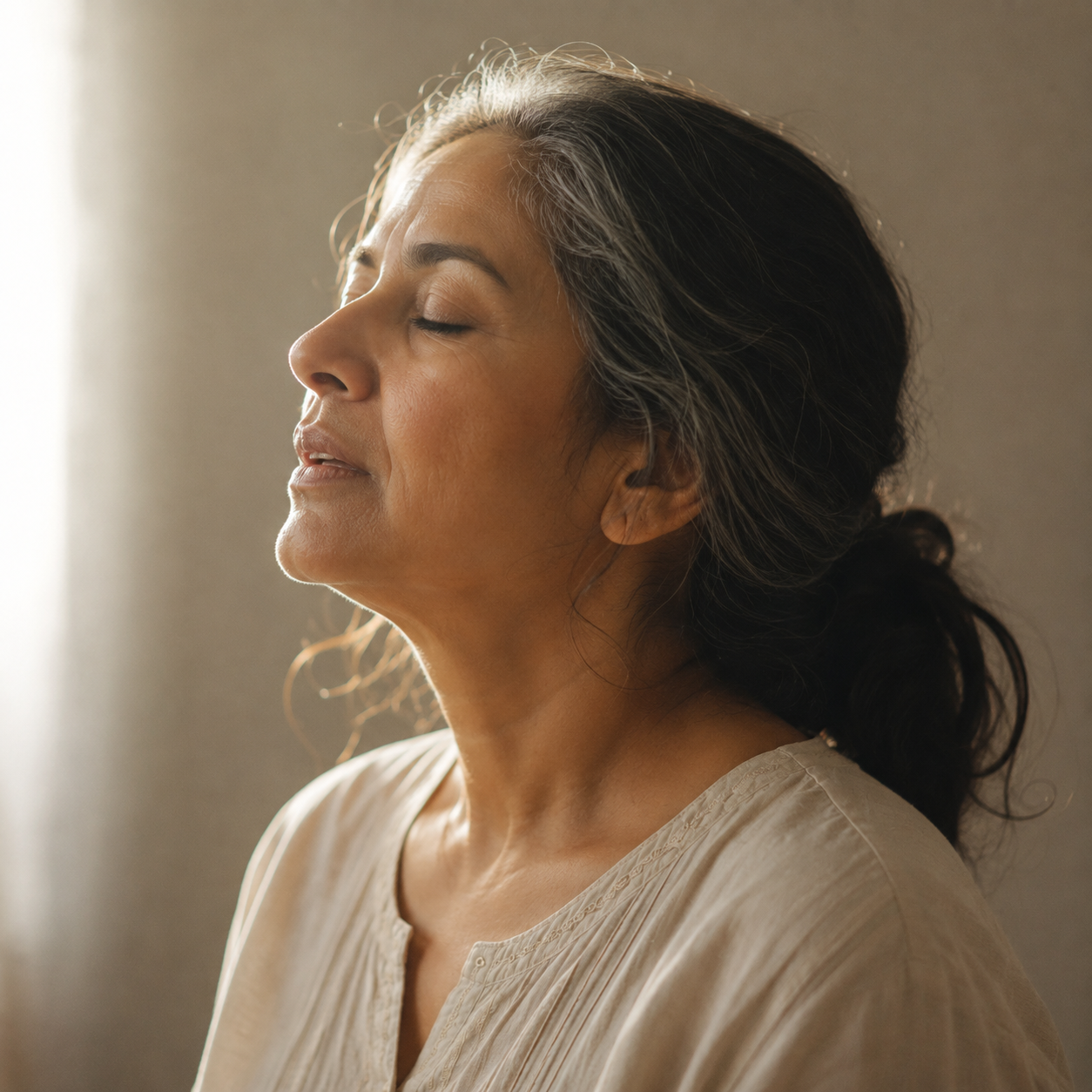 A woman breathing out slowly with eyes closed during the 4-Minute Reset for perimenopause heart palpitations