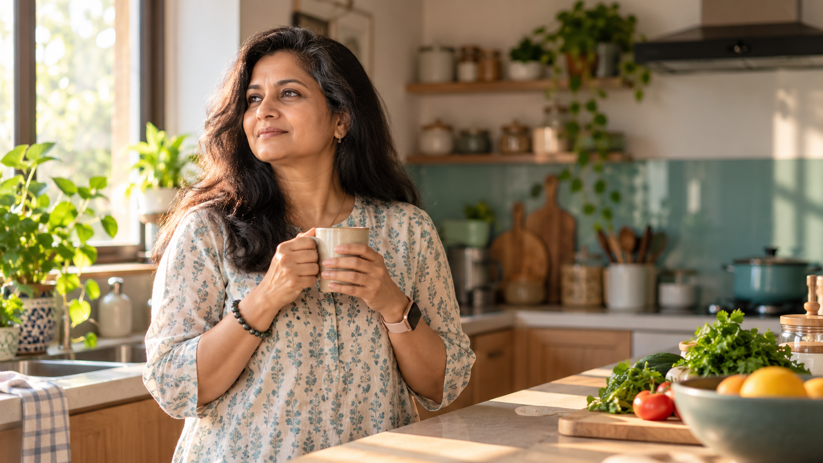 Woman in her 40s reflecting on why weight loss feels harder after midlife hormone changes
