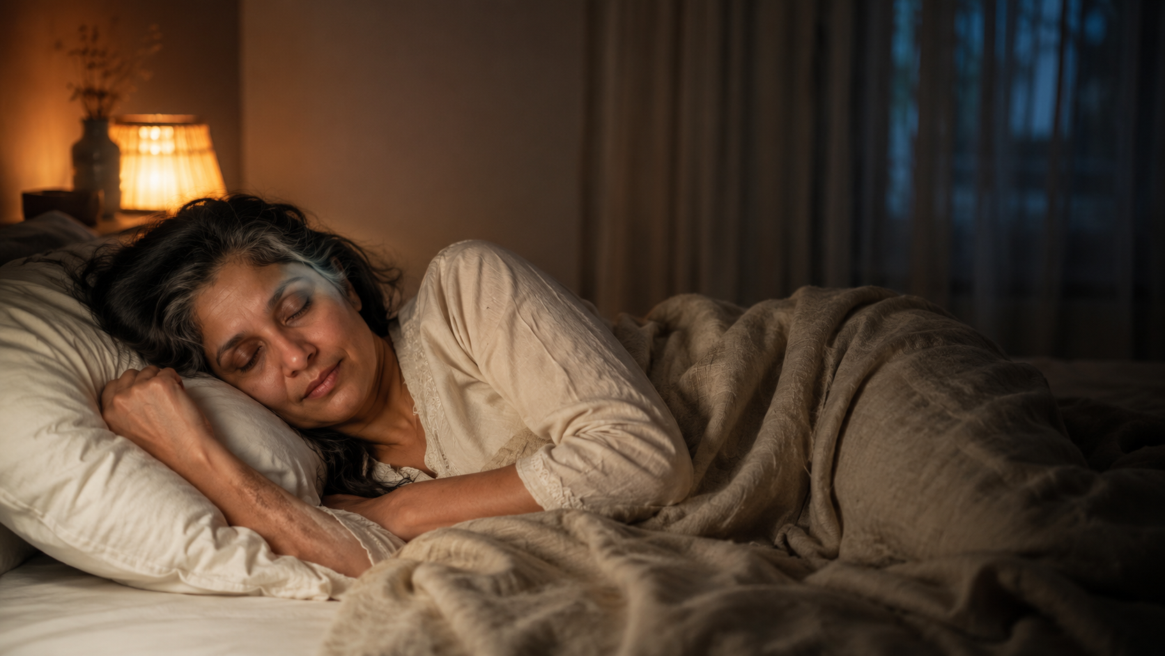 Midlife woman sleeping peacefully in a softly lit bedroom at night
