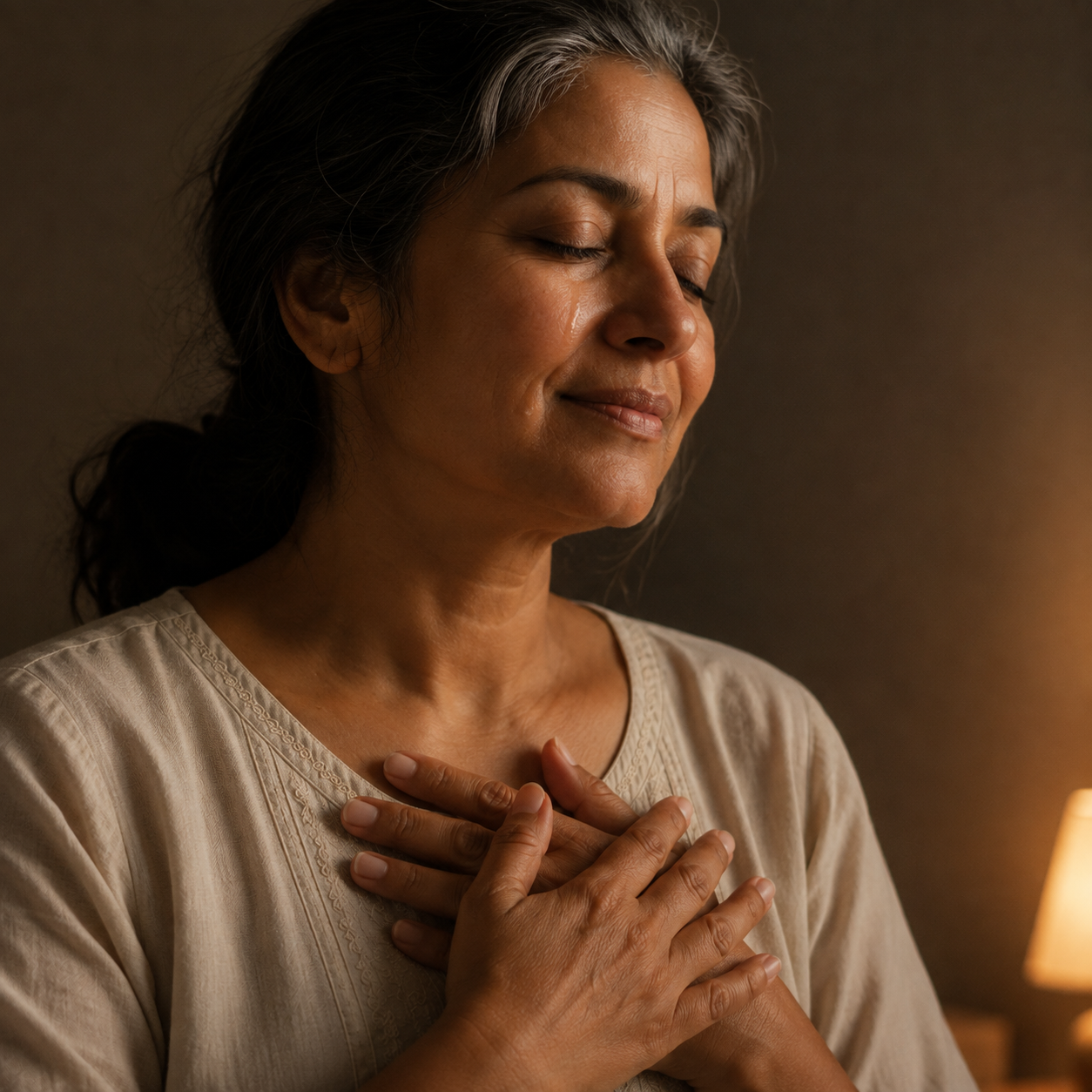 Both hands resting over the heart during the 4-Minute Reset for perimenopause heart palpitations