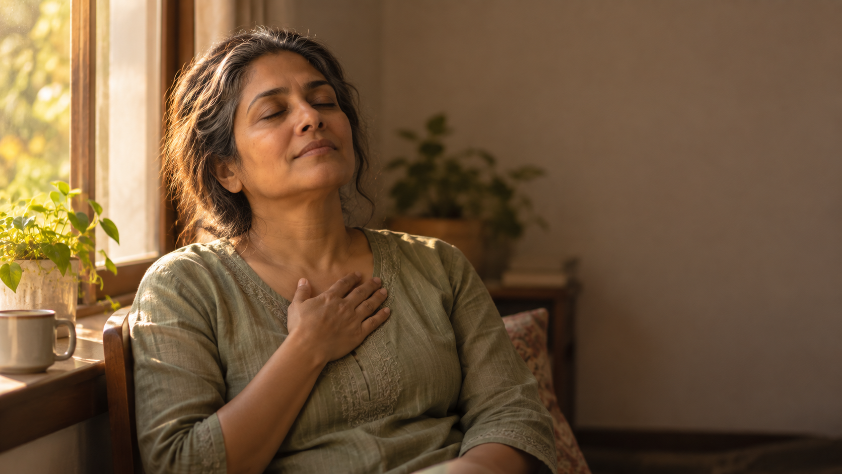 A woman in her late forties sitting by a window with one hand on her heart, practising a gentle way to let go of resentment carried for years.