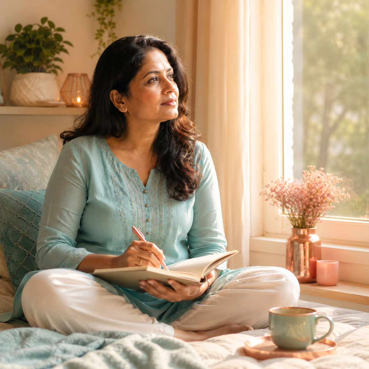 Woman sitting calmly by a sunlit window, writing her symptoms in a notebook