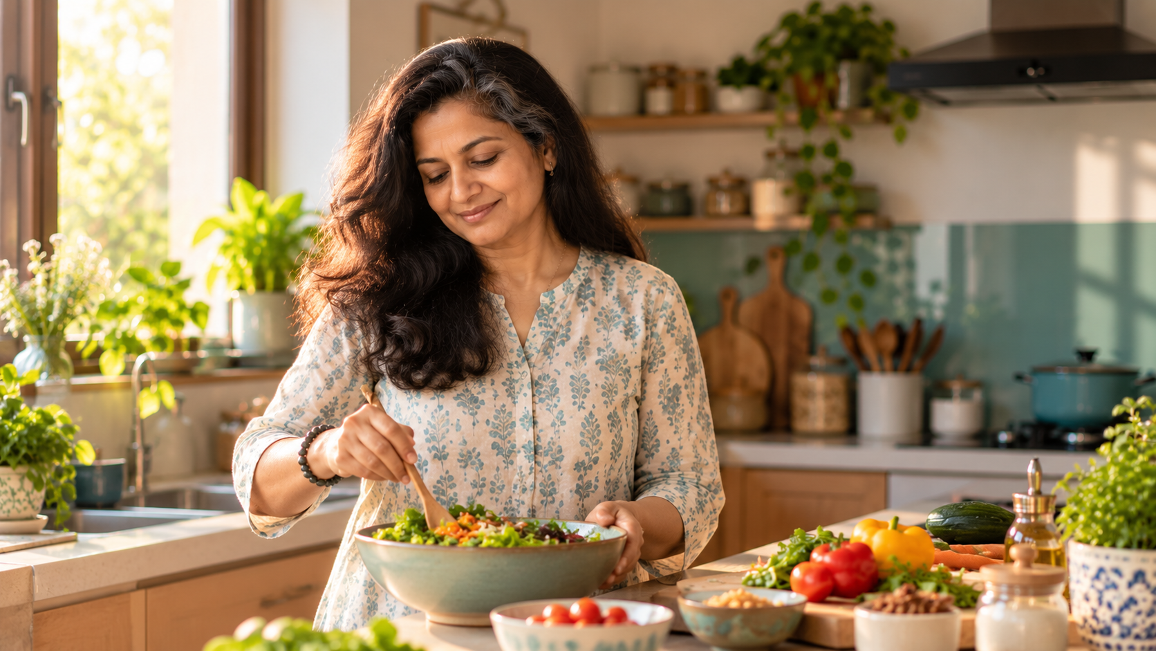 Woman feeling calm and at ease with her body after understanding the cortisol and insulin connection