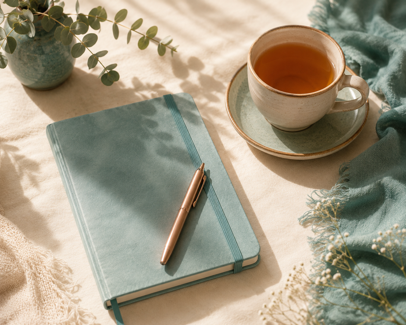 Journal and tea representing a gentle 7-day self-care plan for perimenopause mood swings