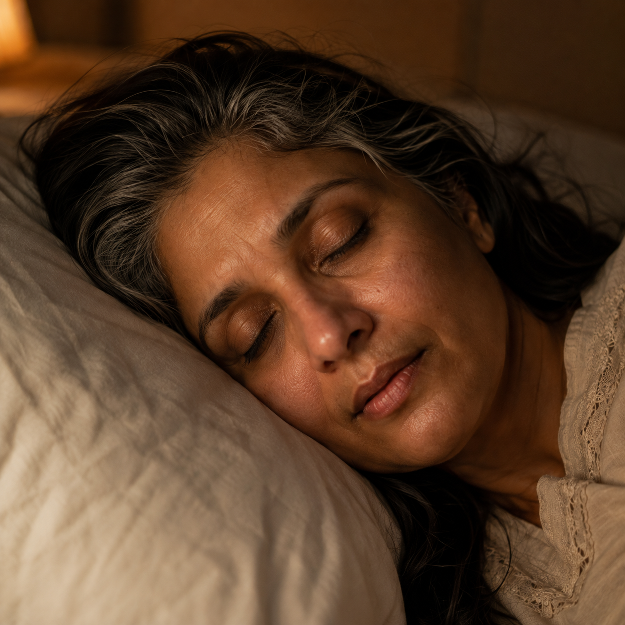 Close-up of a midlife woman breathing slowly with her eyes closed on the pillow