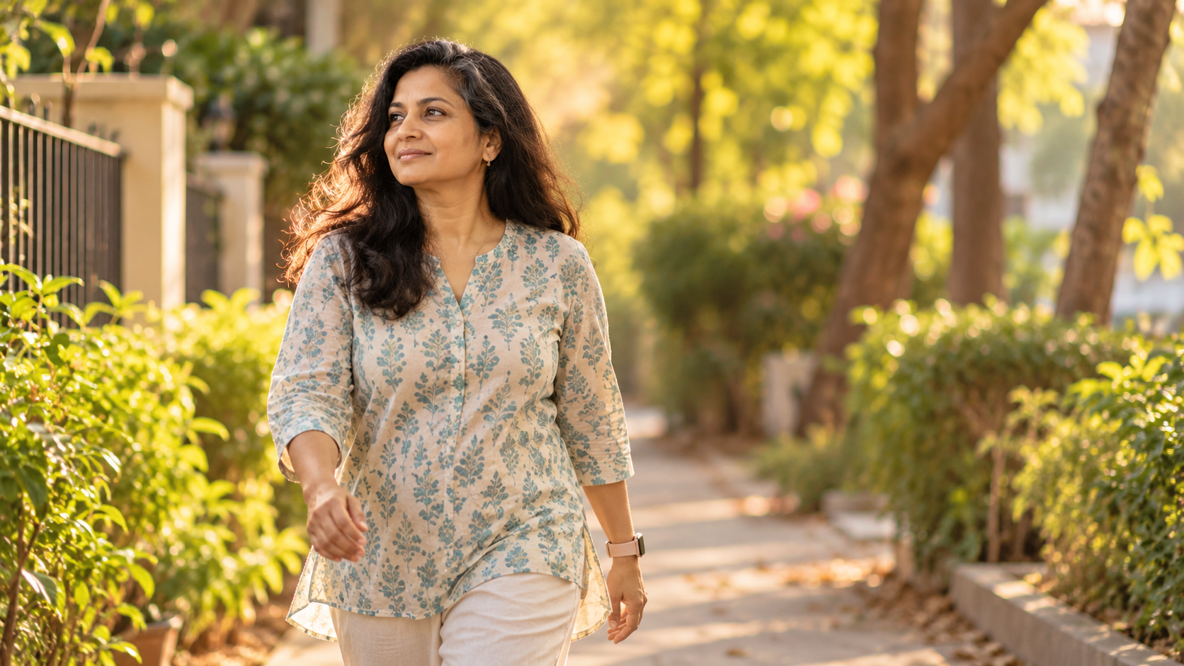 Woman taking a gentle post-meal walk to support blood sugar balance after 40