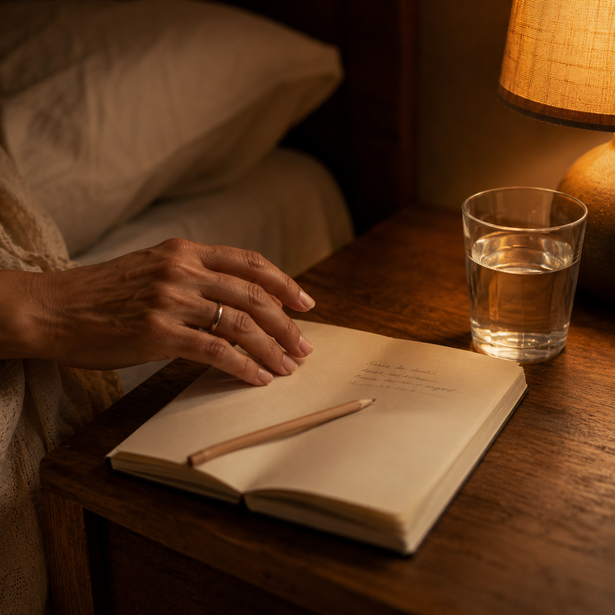 Hand resting on an open notebook beside the bed to park a night-time thought