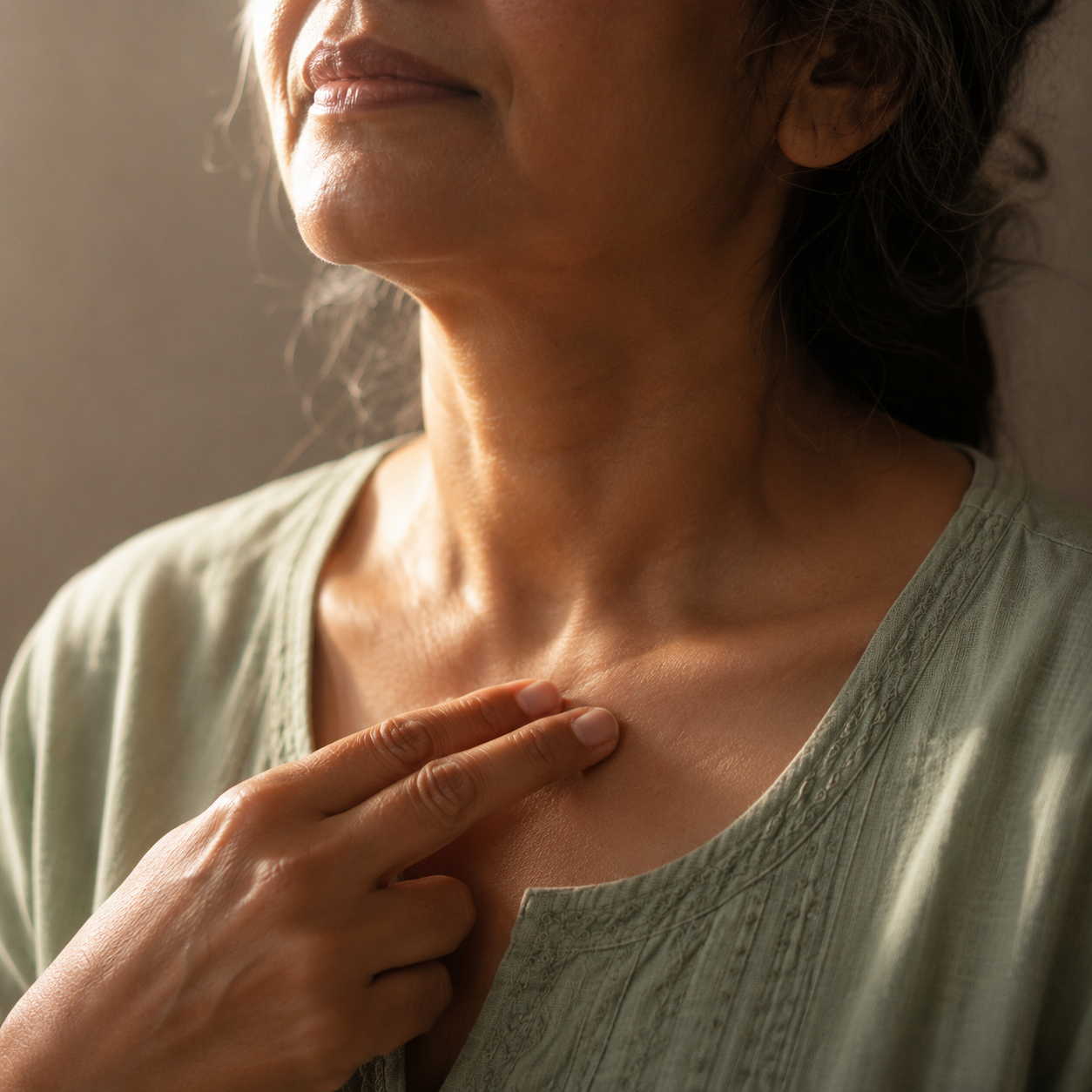 Two fingers tapping gently below the collarbone during the 4-Minute Reset for perimenopause heart palpitations