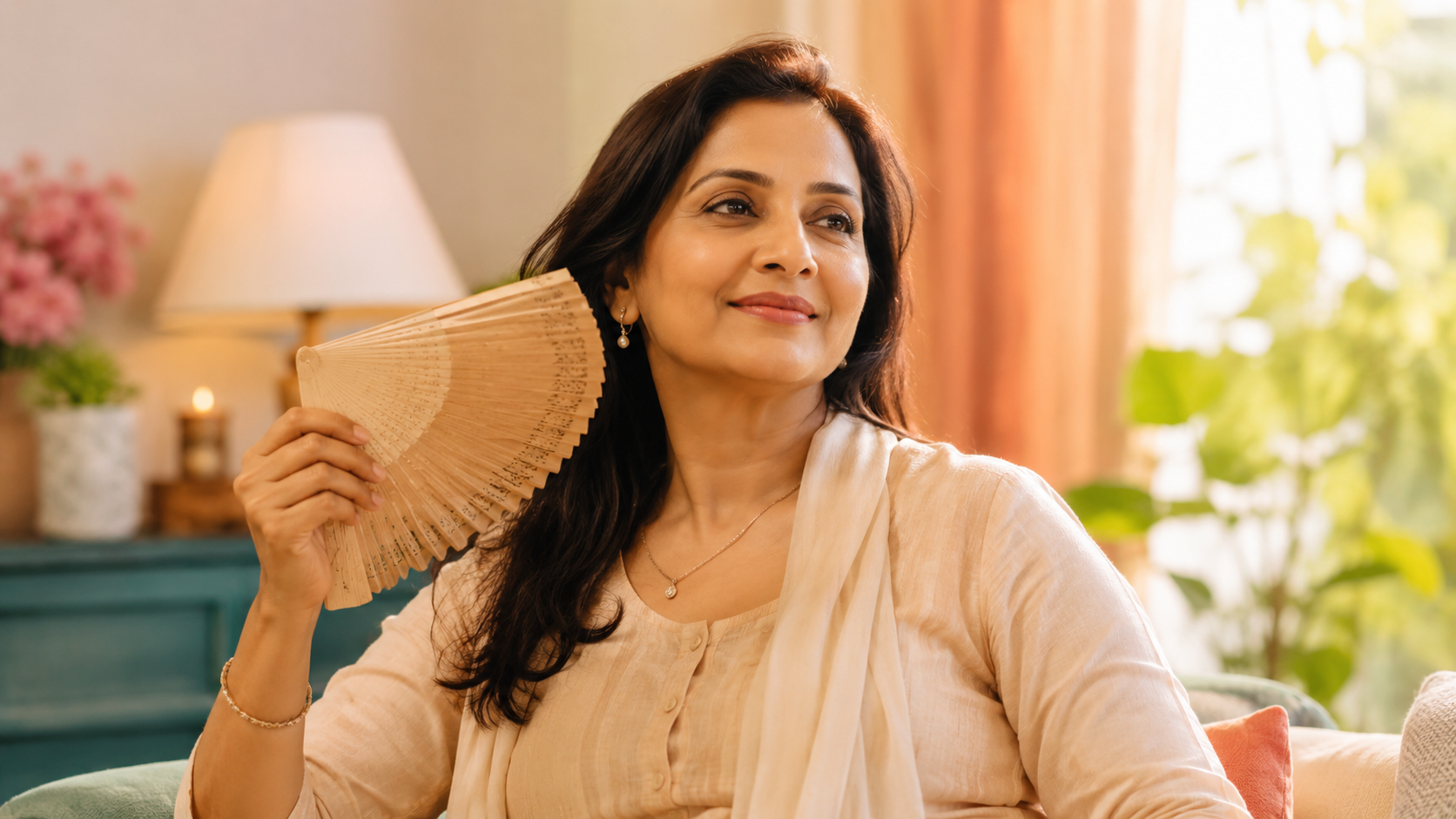 Midlife woman cooling herself with a hand fan while resting calmly at home