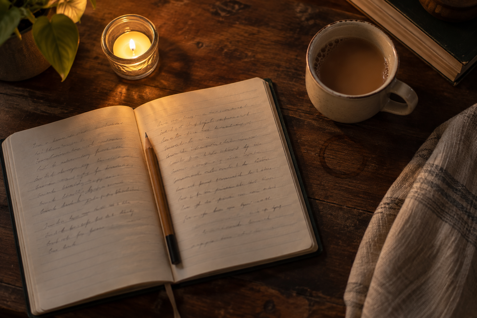 A quiet evening corner with a notebook, a candle and a cup of tea, set up for a five-minute daily emotional release practice before bed.