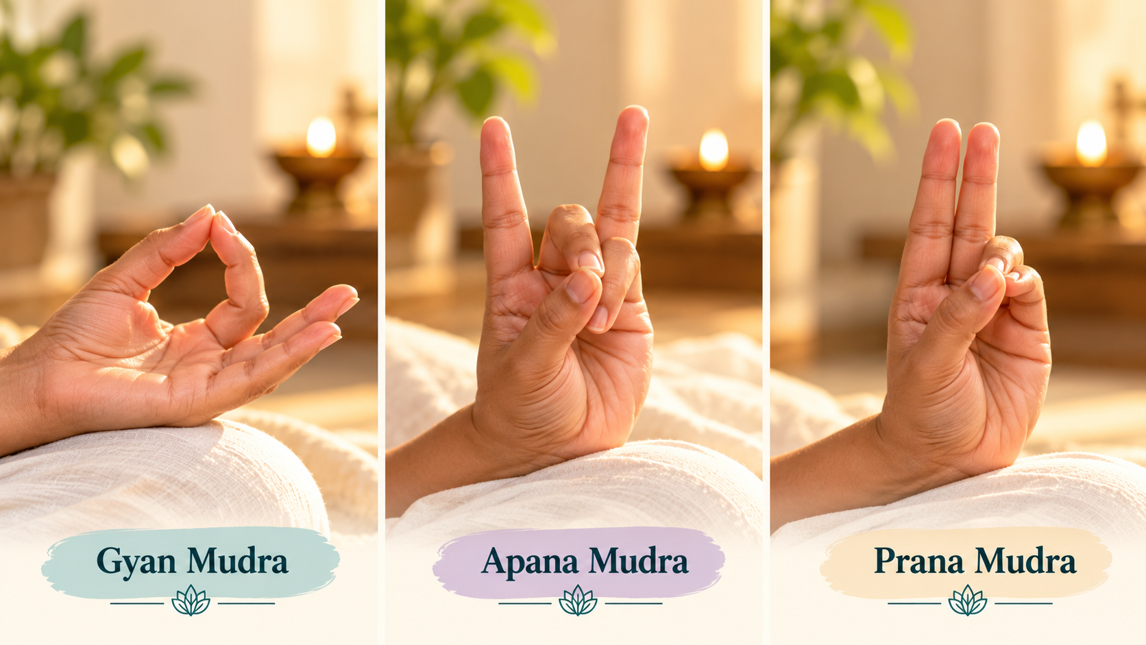 Gyan, Apana and Prana mudra hand positions shown side by side
