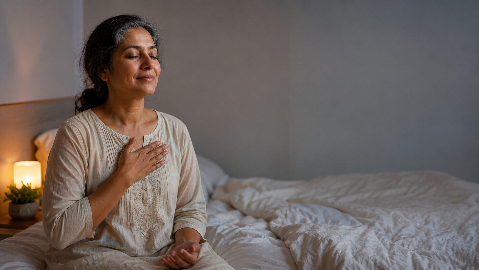 A woman in her late forties sitting on the edge of her bed at dawn with one hand on her chest, using a calming practice for perimenopause heart palpitations.