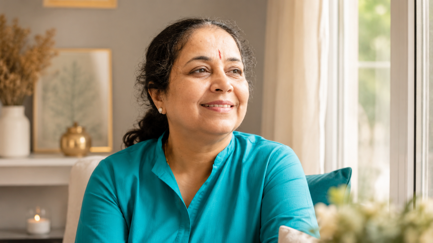 Woman reflecting quietly by a window, illustrating perimenopause mood swings and emotional regulation