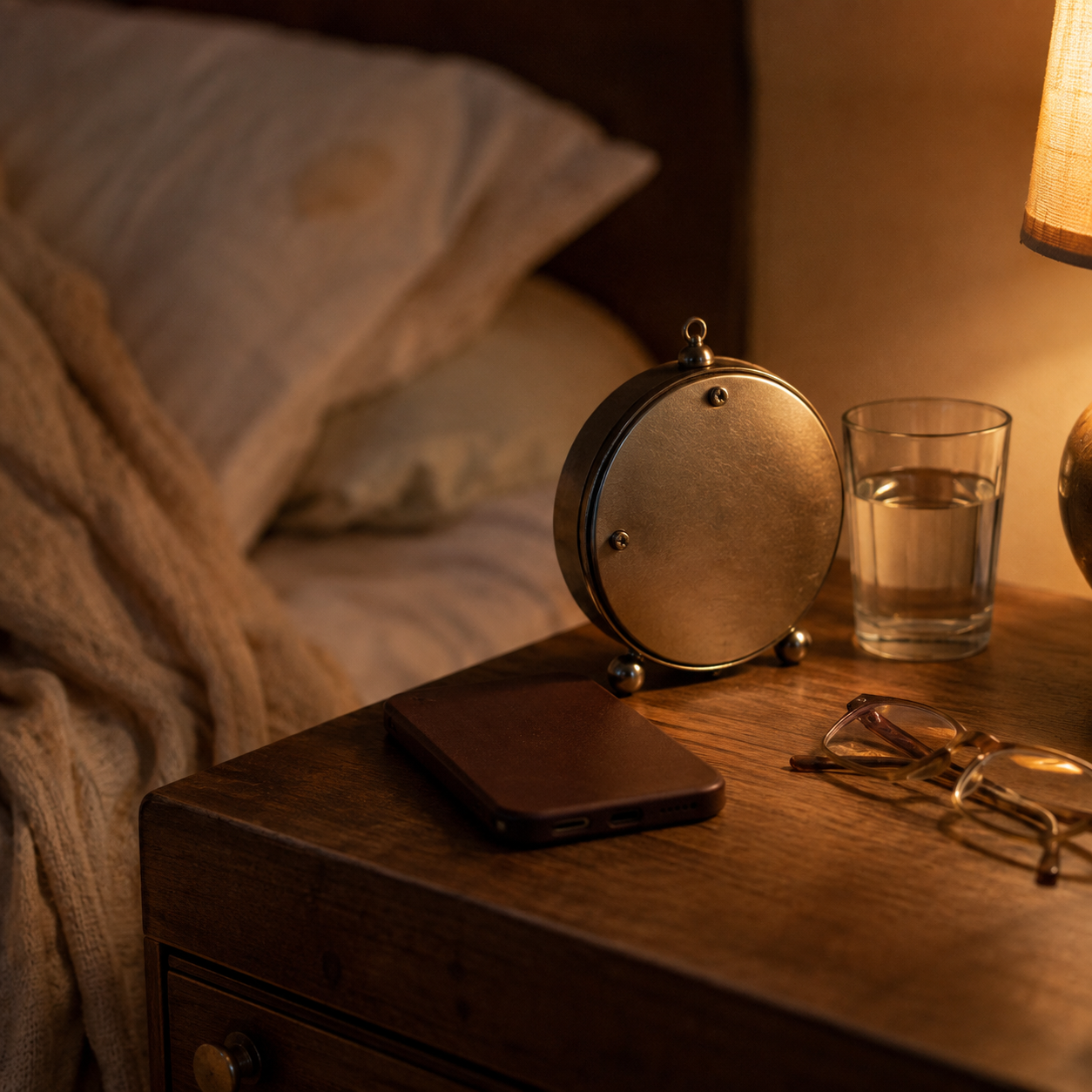 Bedside table with a clock turned away, phone face down and a glass of water