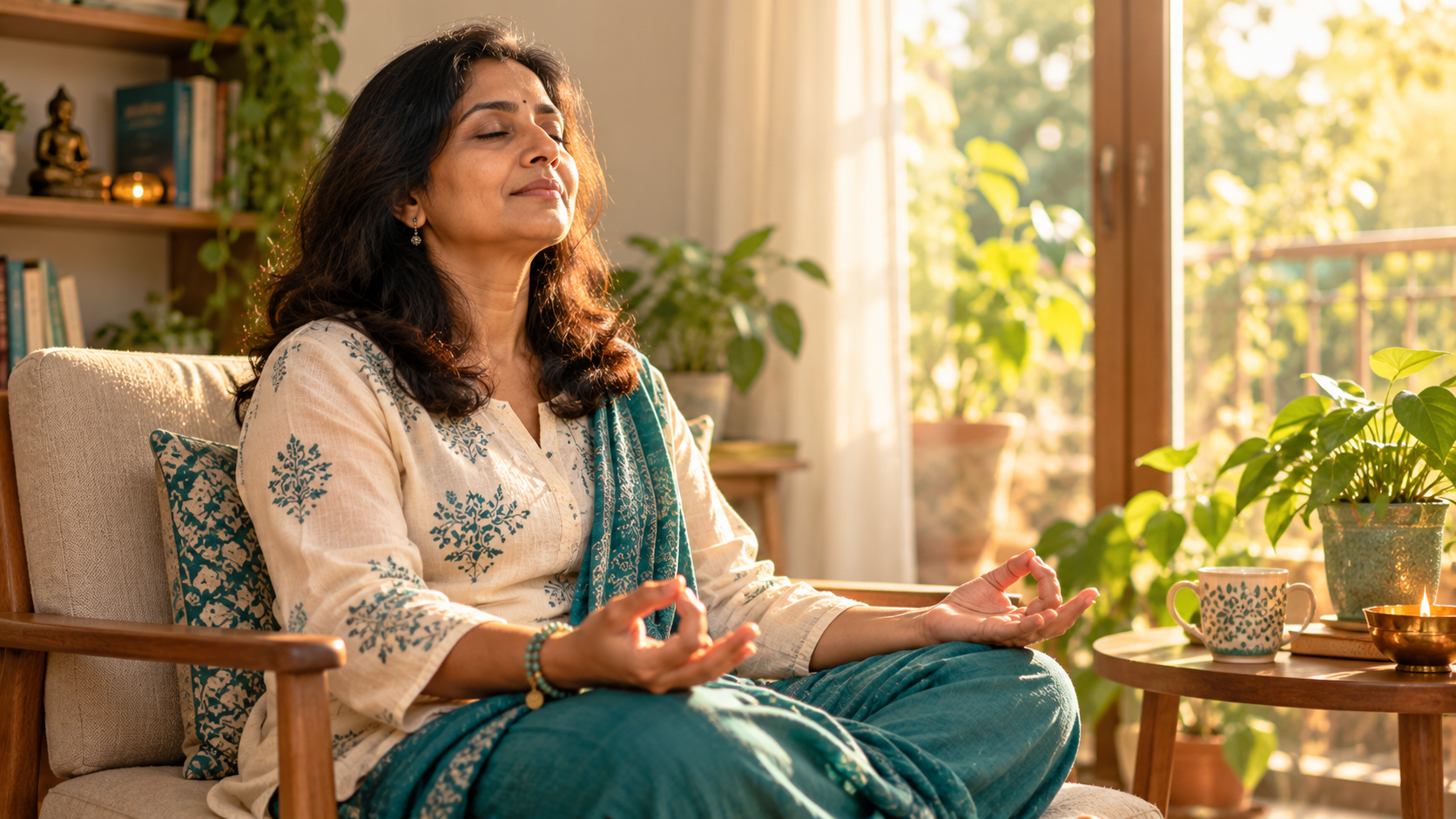 Woman practising Siddha mudra at home for stress relief and calm